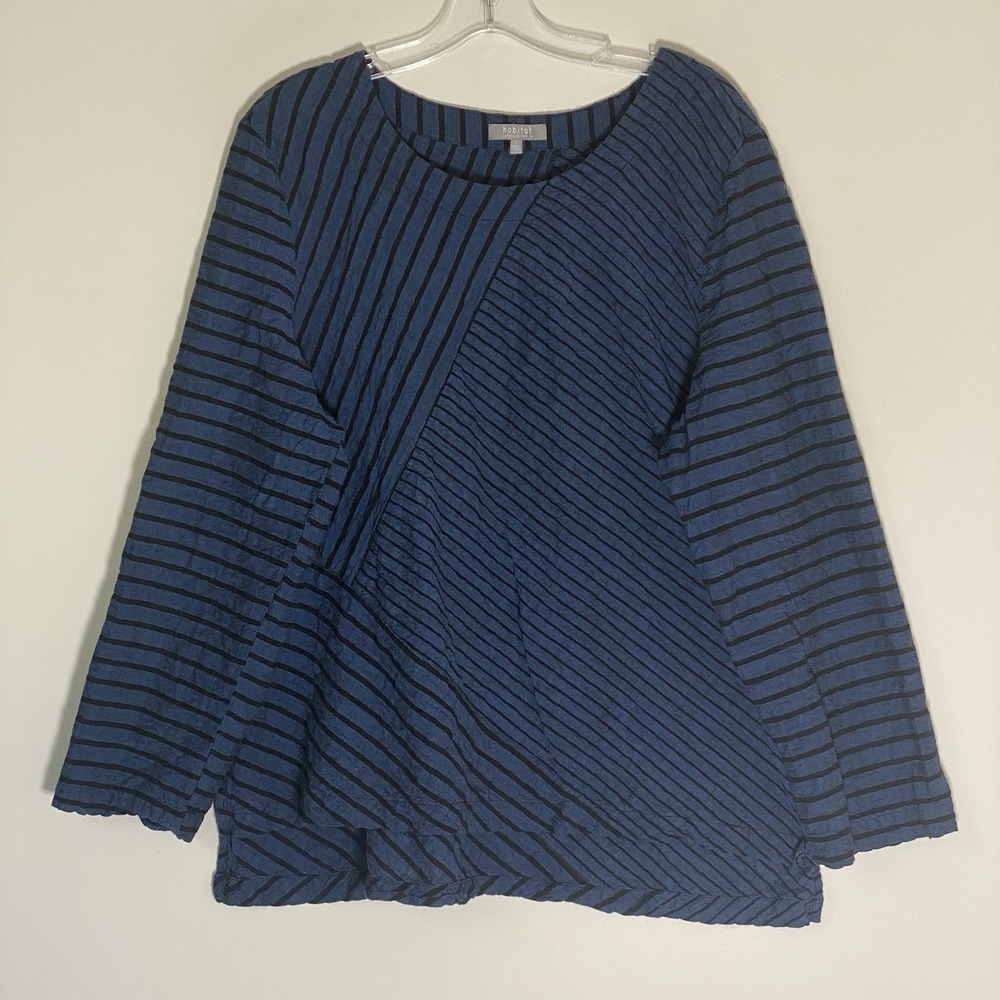 Habitat Top Womens Large Blue Black Striped Asymmetric HiLo Lagenlook Textured L